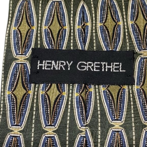 Henry Grethel Silk Tie Quiet Luxury Old Money Geometric Green Gold Caree… - Picture 6 of 8
